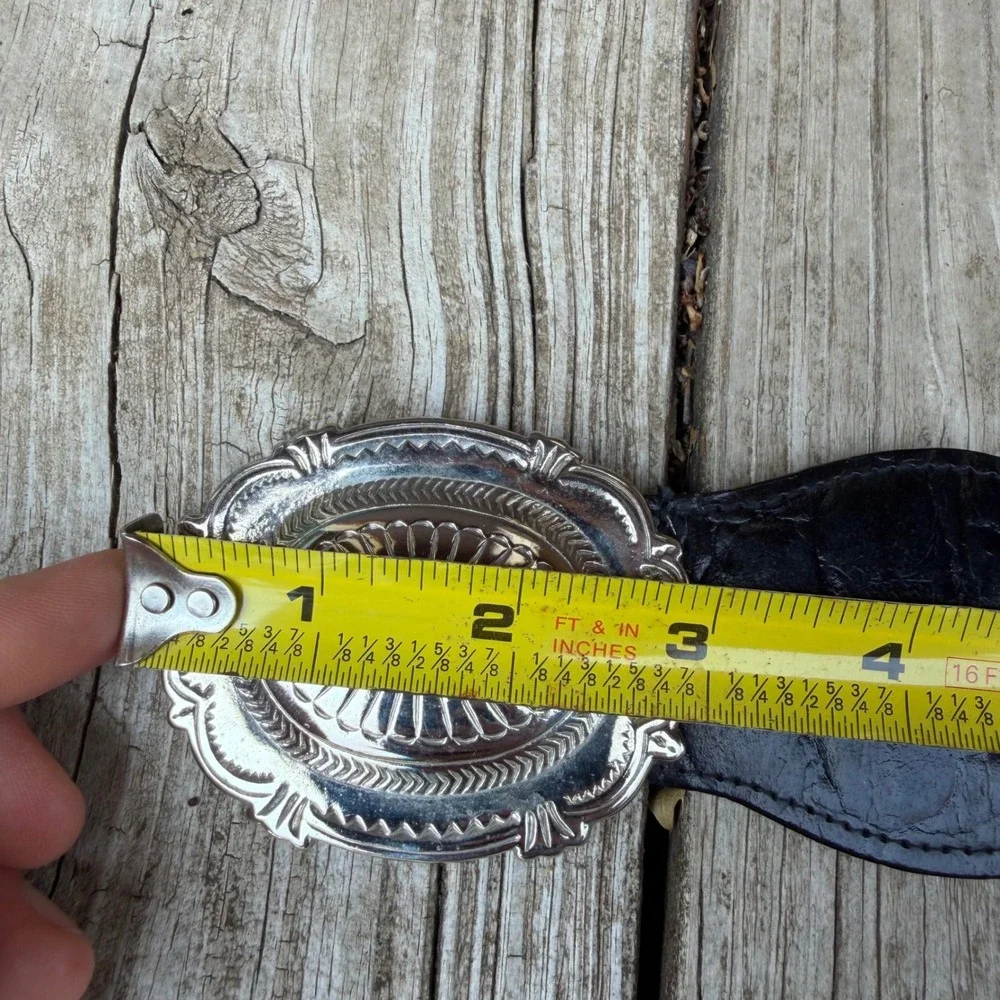 Western Concho Cinch Belt Womens M Black Silver Ornate Buckle Elastic Wide